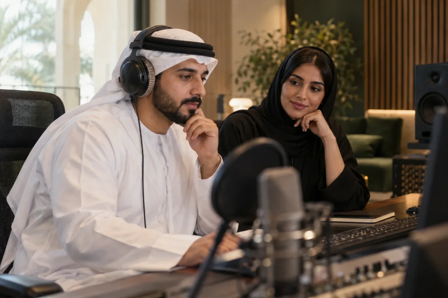 An Emirati audio producer and creative director reviewing voice samples in a recording studio