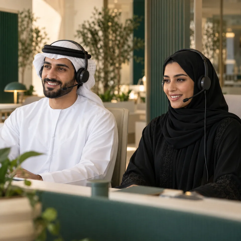 رجل وامرأة إماراتيان مبتسمان يرتديان سماعتي رأس في أجواء مركز اتصال