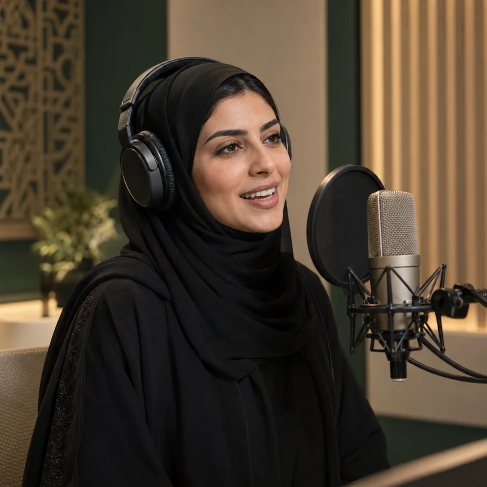 معلّقة صوتية إماراتية مبتسمة ترتدي العباءة والشيلة أمام ميكروفون استوديو